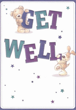 There's a quiet reassurance and playful cheer in this get well card-qualities very much at home in the heart of Hoxton. A teddy bear, rendered with soft, brushstroke-like textures you could almost feel, leans into the sturdy purple letters spelling 'GET,' while a floppy-eared puppy-full of energy yet gentle, with an almost wagging tail-anchors the teal 'WELL' beneath. Both figures have open, affectionate expressions, turning a simple greeting into a personal, heartfelt message. Scattered between them, clusters of shimmering blue and purple stars float across a white background, infusing the scene with possibility and goodness. The bold typography is as inviting as a blooming display in our local shop, and the overall composition has the considered balance of a hand-gathered bouquet-each element, from the curve of the letters to the positioning of paws, thoughtfully placed. The clean lightness of the card suggests a fresh start, much like the first spring mornings along Hoxton Market, and the mood is pure encouragement. As florists, we understand the comfort of gentle gestures: here, every line and stroke is another petal in an arrangement designed to lift spirits right here in the neighbourhood.