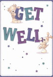 Uplifting and brimming with hope, this get well card radiates a gentle vibrancy rooted in the spirit of Hoxton. Two delightful characters-a teddy bear with plush, inviting fur and a perky puppy with floppy, velvety ears-share a moment of playful camaraderie atop large, lively letters spelling out 'Get Well.' The bold text, coloured in rich shades of teal and purple, seems to dance across a creamy white background. Scattered amongst the words are twinkling stars in different blues and purples, infusing a whimsical sparkle reminiscent of a freshly arranged bunch of blooms awaiting delivery along nearby Hackney Road. The illustration's tactile softness and friendly composition convey warmth and kindness, as if the card itself is an embrace for someone feeling under the weather. The crispness of the background and the clean lines echo the freshness of flowers delivered from a Hoxton florist, creating an atmosphere of comfort and light. This card, like a carefully chosen bouquet, carries not just a message, but tangible encouragement and heartfelt care meant to gently nurture someone within the local community.